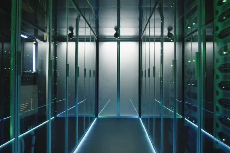 A data center corridor lined with server racks